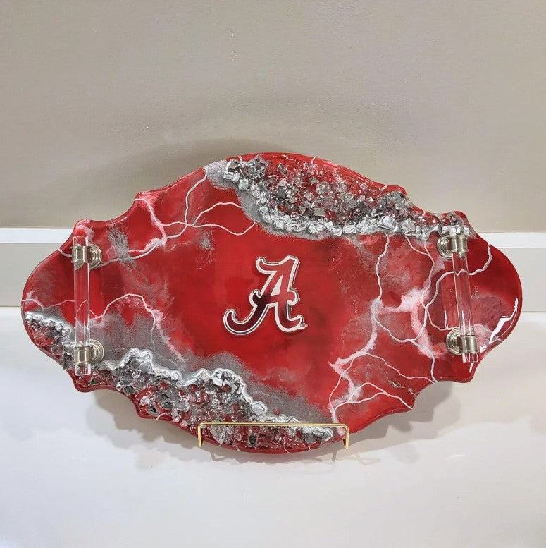 Red Resin Decorative Tray with Crushed Glass