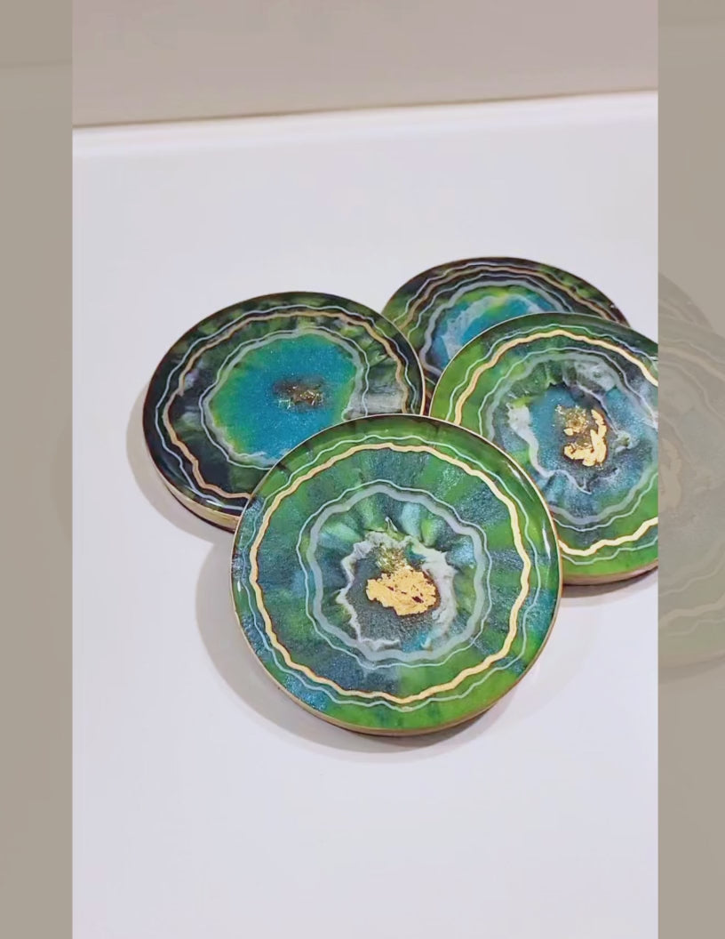 Emerald Aura Geode Resin Coasters